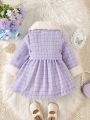 Infant Girls' Purple Plaid Coat With Bow And Collar, Party Outfits For Autumn/winter