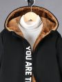 SHEIN Kids HYPEME Boys' Hooded Jacket With Letter Print And Fleece Lining
