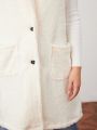 Teen Girl Lapel Neck Dual Pocket Fuzzy Vest Coat