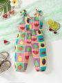 Infant Girls' Casual Comfortable Cute Fruit Printed Cami Jumpsuit With Bowknot Strap