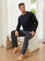 Men Solid Tee & Plaid Print Pants PJ Set