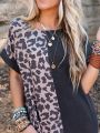 Women'S Leopard Print Patchwork Batwing Sleeve Dress