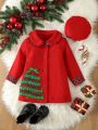 SHEIN Kids FANZEY Young Girl Christmas Tree Patched Contrast Plaid Trim Peter-pan Collar Overcoat & Hat