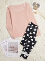 Lace Trim Tee & Heart Print Pants Thermal Underwear Set
