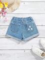 Young Girl Elastic Waist Denim Shorts With Floral Embroidery