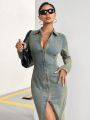 SHEIN ICON Long Sleeve Denim Shirt Dress With Zipper Front