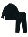 SHEIN Boys' Single Breasted Blazer With Lapel Lapel And Suit Pants And Bow Tie Holiday Party Set