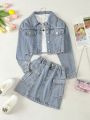 Girls' Softened Water Washed Simple Denim Skirt Suit With Workwear Style