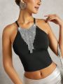KUNSHENG Rhinestone Fringe Trim Crop Halter Top