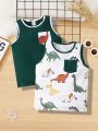 SHEIN Kids QTFun Toddler Boys' 2pcs/set Cute Comfortable Cartoon Dinosaur Pattern Colorblock Hem Tank Top