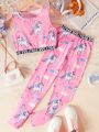 SHEIN Kids EVRYDAY Big Girls Unicorn Rainbow Vest And Trousers Two-Piece Set