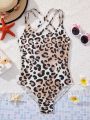 SHEIN Tween Girls' Leopard Print One-Piece Swimsuit With Spaghetti Straps