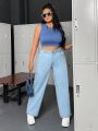 SHEIN ICON Plus Size Denim Wide Leg Pants In Loose And Fashionable Style