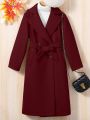 SHEIN Tween Girls Double-Breasted Belted Woolen Coat