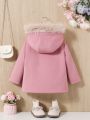 SHEIN Baby Girls' Casual Faux Suede Thickened Fleece Lined Hooded Coat With Collar, Pink