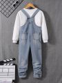 Tween Boys' Trendy Comfortable Casual Front-Pocket Water-Washed Denim Overalls