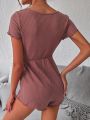 Notched Neckline Lettuce Trim Knot Front Sleep Romper