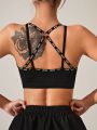 Women's Letter Print Circular Decor Back Design Sports Bra
