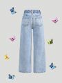 SHEIN Tween Girls Y2K Trendy Spring Summer Butterfly Print Stonewashed Ripped Straight Leg Jeans,Girl Summer Clothes Outfits