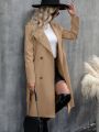 Women's Solid Color Double-breasted Trench Coat With Waist Belt