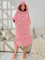 Heart Pattern Drop Shoulder Hooded Flannel Sleep Robe