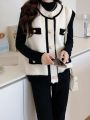Contrast Trim Button Front Sweater Vest