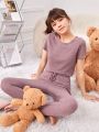 SHEIN Girls'/teens' Knitted Solid Color Waffle Pattern Tee And Long Pants Homewear Set