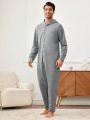 Men'S Button Closure Half Placket Hooded Jumpsuit Loungewear
