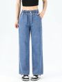 Teen Girls' Vintage Elastic High Waist Loose Fit Soft And Comfortable Wide Leg Denim Pants With Pleated Hem