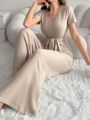 Women's Ribbed Short Sleeve Jumpsuit With Belt, Home Wear