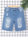 SHEIN Teenage Boys' Irregularly Distressed Straight Fit Denim Shorts Without Elasticity