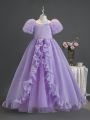 Tween Girls' Bubble Sleeves & Swing Hem Elegant Formal Dress, Suitable For Performances, Weddings, Parties And Birthday Celebrations