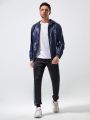 Men Geo Print Contrast Piping Zipper Drawstring Hooded Sports Jacket