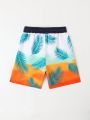 Boys' Feather Printed Drawstring Waist Swim Trunk Beach Shorts, For Teenagers