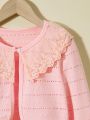 Little Girls' Lace Splice Cardigan With Single Button Closure