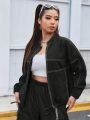 SHEIN ICON Plus Size Stand Collar Drawstring Denim Jacket