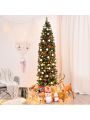 Gymax 7.5Ft Pre-Lit Pencil Christmas Tree Hinged Artificial Slim Tree w/ LED Lights