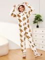 SHEIN Teen Girl Bear Pattern 3D Ear Design Hooded Flannel Jumpsuit