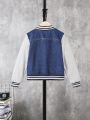 SHEIN Tween Boy Letter Patched Striped Trim Colorblock Denim Varsity Jacket Without Tee