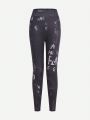 Teen Girls' Stretchy High-Waisted Slim Fit Leggings With Dark Floral Pattern, Comfortable And Solid Black