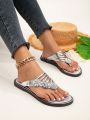 Women Rhinestone Decor Metallic Toe Post Flip Flops Glamorous Outdoor Flip Flops