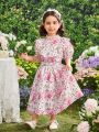 SHEIN Kids CHARMNG Tween Girl Stand Collar Ruffle Decorated Shirt And Skirt Set With Floral Print