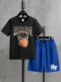 SHEIN Kids SPRTY Tween Boys' Casual Comfortable Basketball & Letter Printed 2pcs/Set Outfits