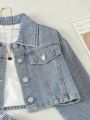 Girls' Softened Water Washed Simple Denim Skirt Suit With Workwear Style