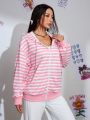 SHEIN Qutie Rabbit Ear Decorated Striped Zip Up Hoodie