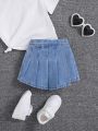 SHEIN Baby Girl Stylish Denim Skorts With Pleated Design