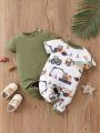 Baby Boy Excavator Printed Short Sleeve Jumpsuit Set, 2pcs