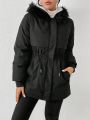 SHEIN Frenchy Women's Black Zipper & Button Closure Mid-length Padded Coat