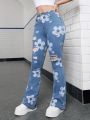 SHEIN Teenage Girls' Floral Printed Youthful Academy Water Washed Casual Bell-Bottom Jeans