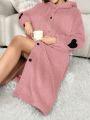 Heart Pattern Drop Shoulder Hooded Flannel Sleep Robe